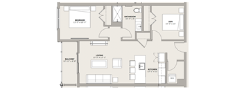 A floor plan of an apartment with a living room, kitchen, bedroom, bathroom, den, and balcony.