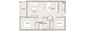 A floor plan of a house with a balcony, two bedrooms, a living room, a kitchen, and two bathrooms.
