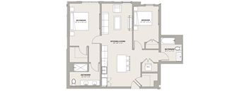 A floor plan of a house with four bathrooms, two bedrooms, a kitchen/living area, and a workspace.
