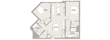 A floor plan of a house with two bedrooms, a living room, a kitchen, and two bathrooms.