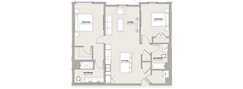 A floor plan of a house with two bedrooms, a living room, a kitchen, a bathroom, and a hallway.