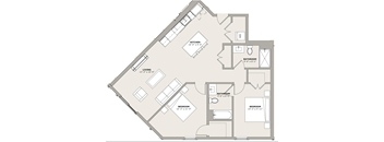 A floor plan of a house with a living room, two bedrooms, a kitchen, and two bathrooms.