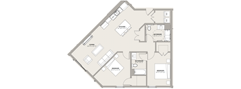 A floor plan of a house with three bedrooms and two bathrooms.