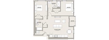 A floor plan of a house with three bedrooms, a bathroom, a balcony, a kitchen, and a living room.
