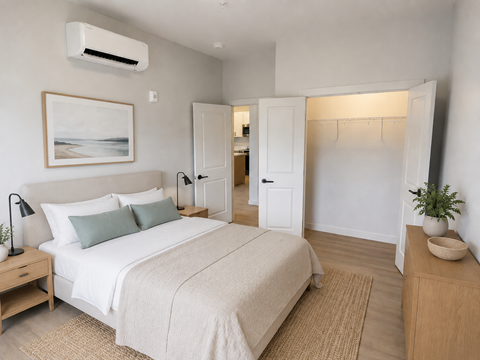 A bedroom with a large bed and a painting on the wall.