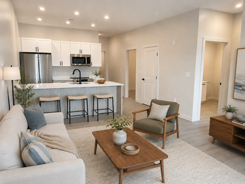 A modern living room with a kitchen area in the background.