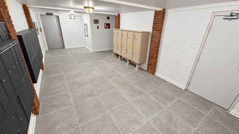 A room with a grey tile floor and white walls.