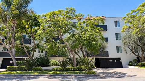 A white building with a black garage door is surrounded by trees.