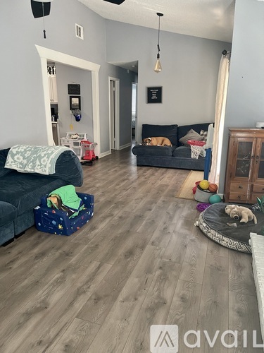 A living room with a grey couch and a dog bed.
