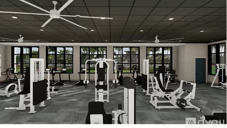 A gym with a variety of equipment including treadmills, weights, and exercise machines.