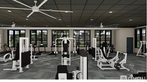 A gym with a variety of equipment including treadmills, weights, and exercise machines.