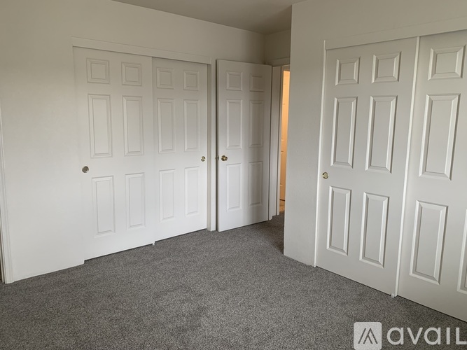 A room with two white doors and a carpeted floor.