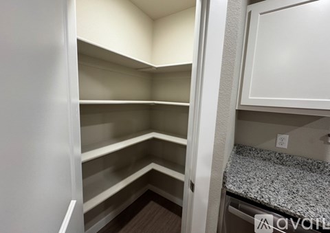 A kitchen pantry with white cabinets and a granite countertop.