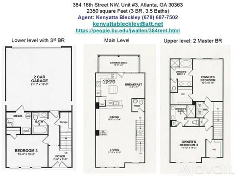 A floor plan for a three-story townhouse with two garages and three bedrooms.