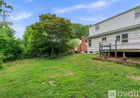 A backyard with a house, trees, and a fence.