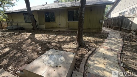 A backyard with a tree and a concrete slab.