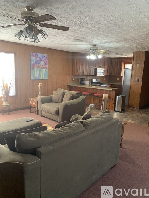 A living room with a grey couch and a ceiling fan.