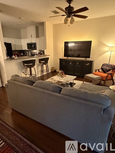 A living room with a grey couch and a television.