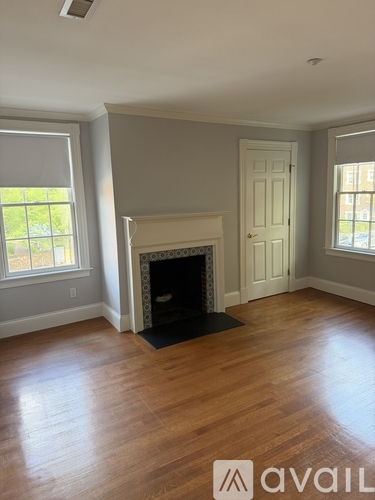 A living room with a fireplace and two windows.
