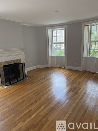 A living room with a fireplace and wood flooring.