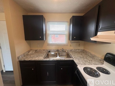 A kitchen with black cabinets and a granite countertop.