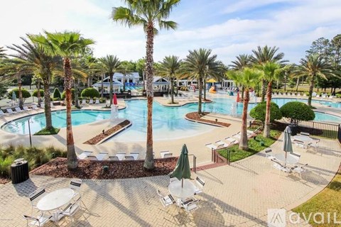 A pool surrounded by palm trees and lounge chairs.