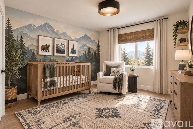 A baby's room with a mountain mural on the wall.