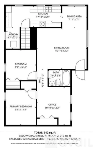 A floor plan of a house with a living room, dining area, kitchen, and several bedrooms.