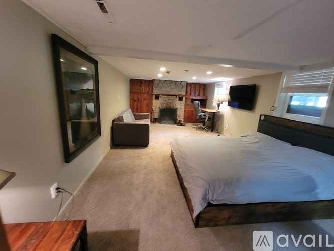 A bedroom with a large bed and a fireplace.