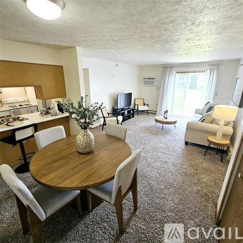 A living room with a dining table and chairs, a couch, a television, and a kitchen area in the background.