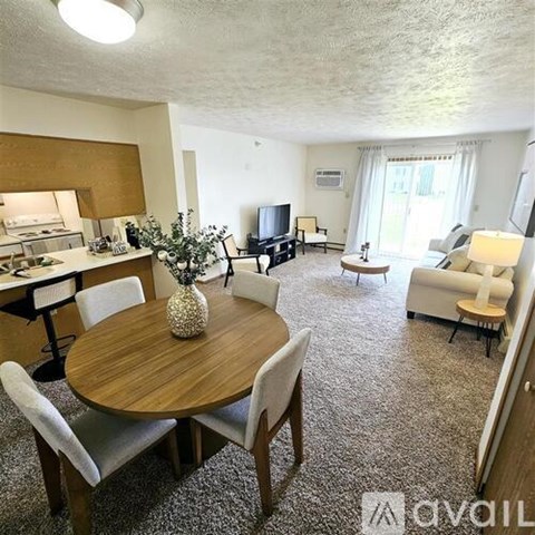 A living room with a dining table and chairs, a couch, a television, and a kitchen area in the background.