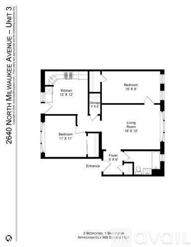 A floor plan for a unit at 2640 North Milwaukee Avenue shows a living room, two bedrooms, a kitchen, and a foyer.