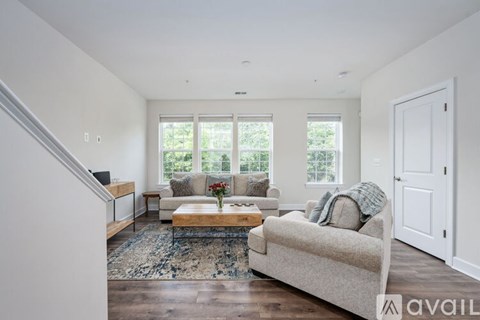 A living room with a couch, a coffee table, and a rug.