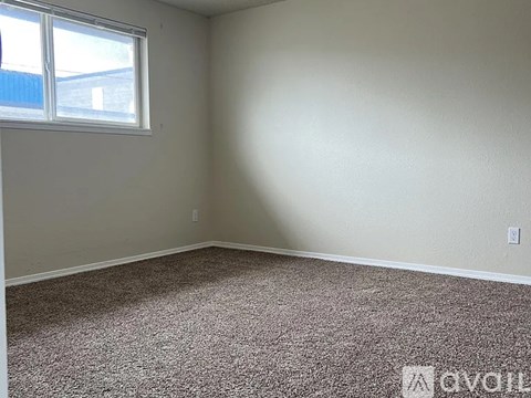 A room with a carpeted floor and a window.