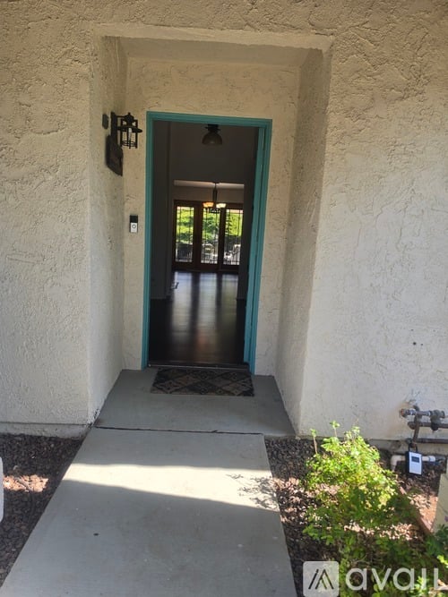 A white stucco house with a blue door and a small plant in front.