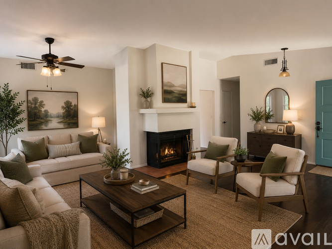 A living room with a fireplace, two chairs, a couch, and a coffee table.