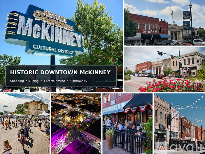 A collage of images showcasing the Historic Downtown McKinney, highlighting shopping, dining, entertainment, and community aspects.