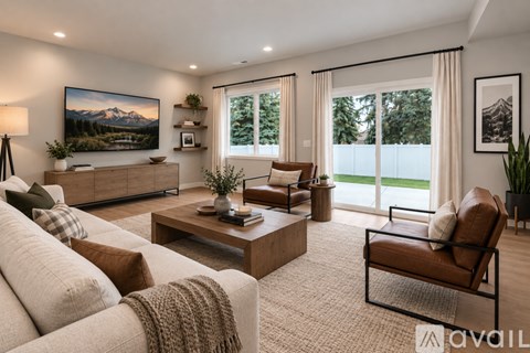 A living room with a large window, a sofa, a coffee table, and a painting on the wall.