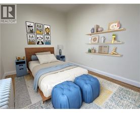 A bedroom with a bed, two blue ottomans, and shelves with decorative items.