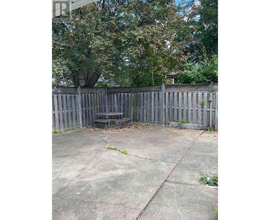 A concrete patio with a wooden fence and a tree in the background.