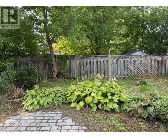 A backyard with a fence and a brick pathway.