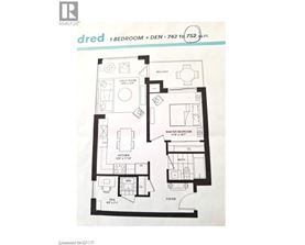 A floor plan for a 1 bedroom + den sized apartment.