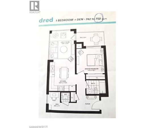 A floor plan for a 1 bedroom + den sized apartment.