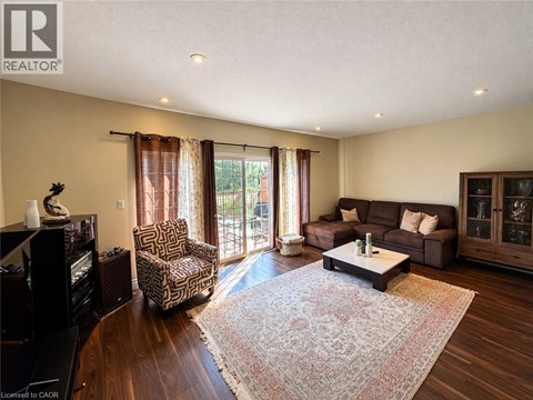 A living room with a patterned rug and a brown sofa.