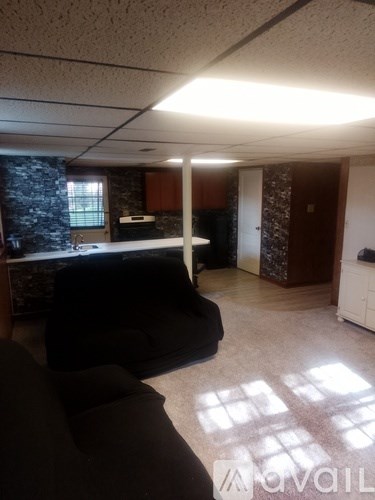 A living room with a couch and a kitchen area in the background.