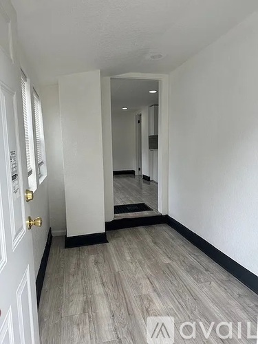 A hallway with a white door and a black mat on the floor.