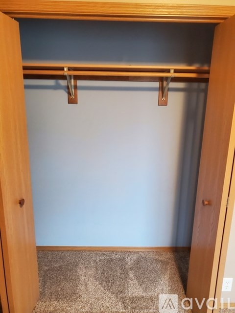 A wooden closet with a shelf and a carpeted floor.
