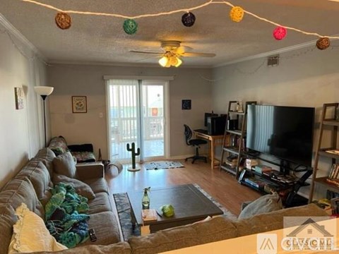 A living room with a grey couch and a ceiling fan.