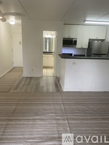 A carpeted room with a kitchen area in the background.
