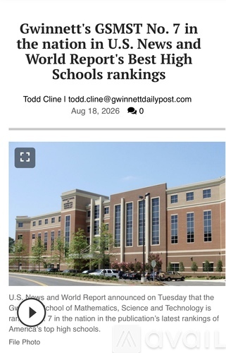 A building with the label 'Gwinnett's GSMST No. 7 in the nation in U.S. News and World Report's Best High Schools rankings'.